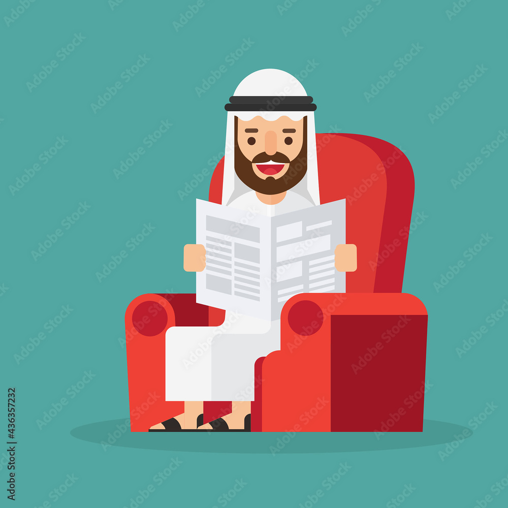 Arabic business man reading a newspaper on the sofa in room and office