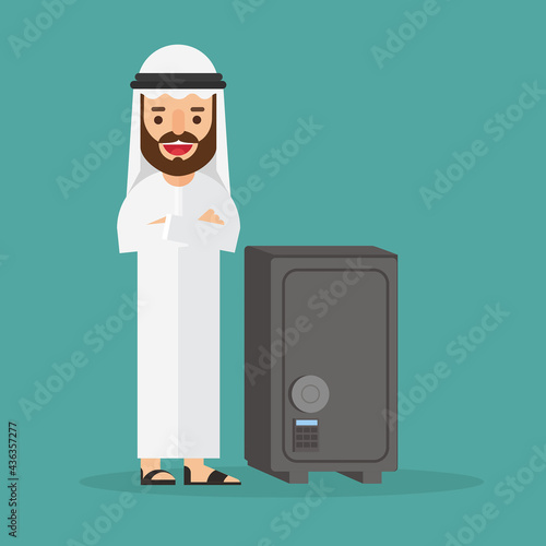 Arabic businessman character standing next safety safe box