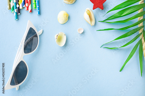 summer background leisure accessories sunglasses palm tropical leaf relax summer vacation positive mood top view