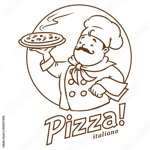 Funny italian chef with pizza. Emblem design