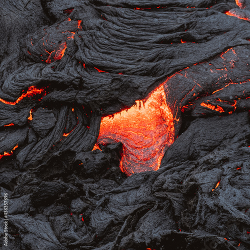 Glowing red fresh lava at Geldingadalur Fagradallsfjall Volcanic eruption in Iceland 