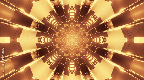 3D rendering of futuristic kaleidoscope patterns in neon brown vibrant colors
