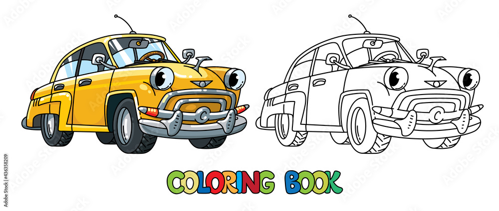 Funny small retro car with eyes. Coloring book