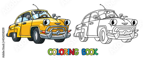 Funny small retro car with eyes. Coloring book