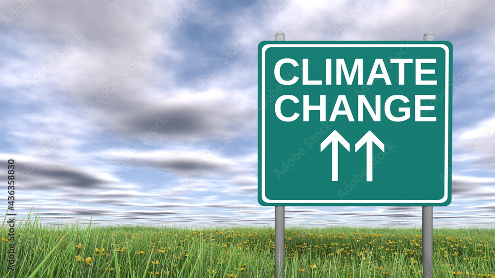 Signpost with Climate change wording ahead. 3D rendering.