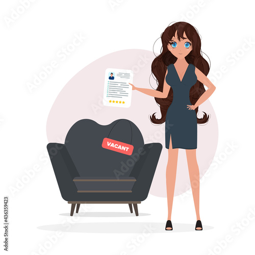 The girl is looking for an employee. Friendly business woman standing next to a chair holding a vacant sign.
