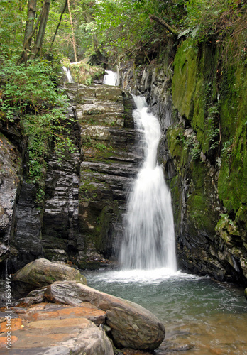 Lushan Mountain in Jiangxi Province, China. Waterfall on Mount Lu is part of the natural beauty of this scenic mountain. Lushan National Park is a tourist attraction and UNESCO World Heritage Site.