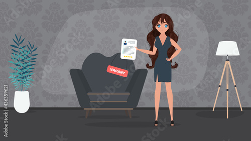 Girl shows on a vacant place. Gold cup in the shape of an office chair. The concept of open work. Vector.