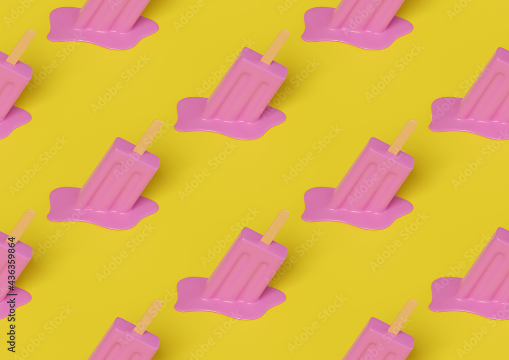 Isometric seamless pattern of pink melted ice creams on yellow background. 3d illustration. Isometric seamless pattern of pink melted ice creams on yellow background. 3d illustration.