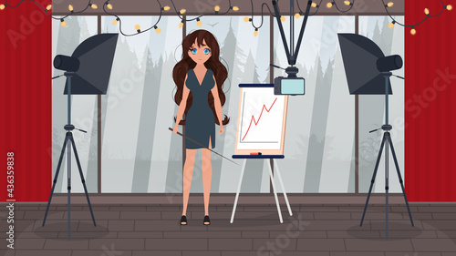 The girl is giving a presentation in front of the camera. The teacher conducts a lesson online.