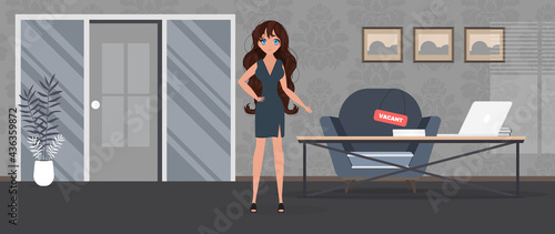 Girl shows on a vacant place. Gold cup in the shape of an office chair. The concept of open work. Vector.