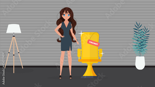 Girl shows on a vacant place. Gold cup in the shape of an office chair. The concept of open work. Vector.