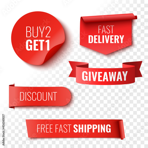 Giveaway, buy 2, get 1, fast delivery, discount and free shipping sale banners. Red ribbons, tags and stickers. Vector illustration.