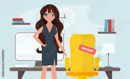 The girl is looking for an employee. Simple and trendy vector concept design. Friendly business woman standing next to a chair holding a vacant sign.