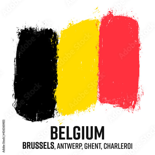 België, flag of Belgium, banner with grunge brush. "Brussel, Antwerpen, Gent, Charleroi" - Brussels, Antwerp, Ghent, Charleroi.