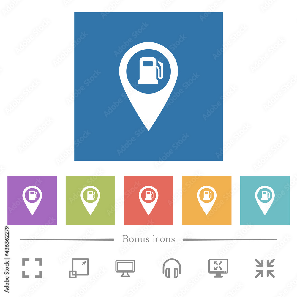 Gas station GPS map location flat white icons in square backgrounds Gas station GPS map location flat white icons in square backgrounds