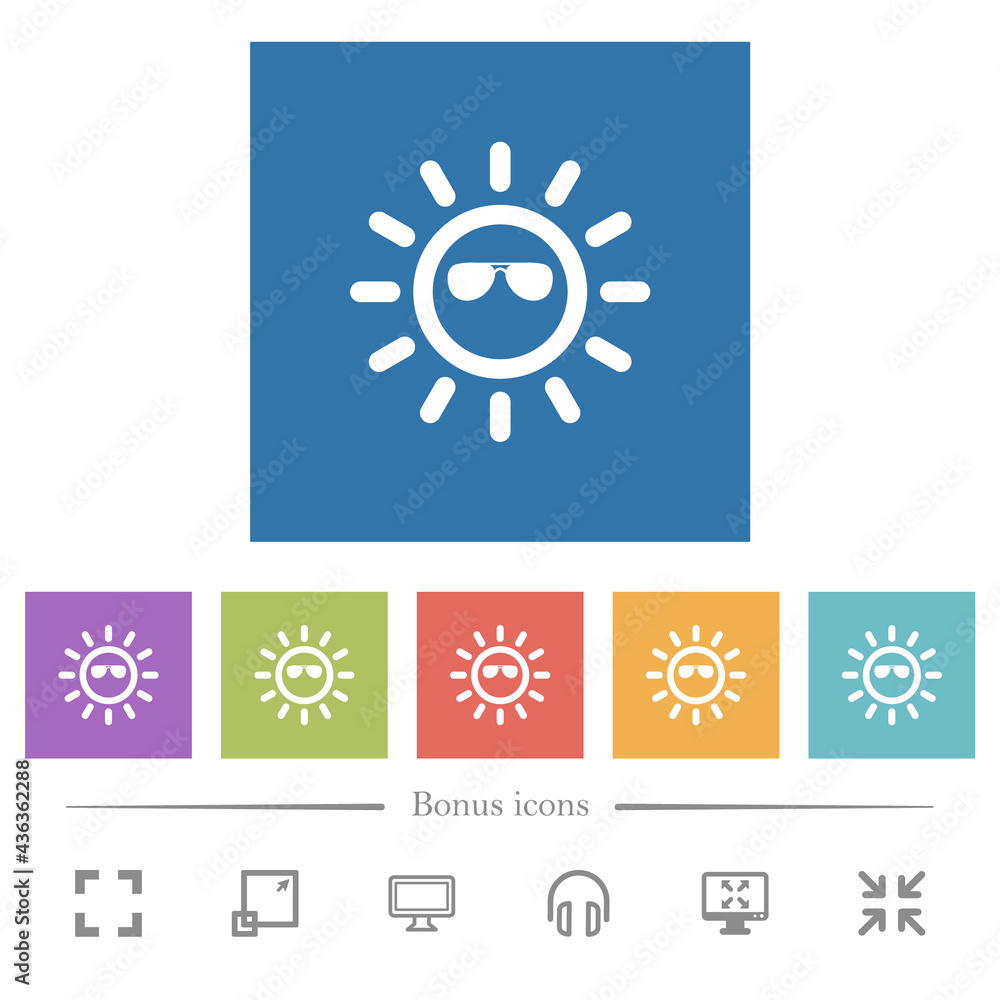 Sun with glossy sunglasses flat white icons in square backgrounds Sun with glossy sunglasses flat white icons in square backgrounds