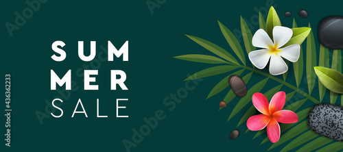 Summer Sale banner with palm, frangipani flowers. Background for poster, flyer, card, postcard, cover, vector image