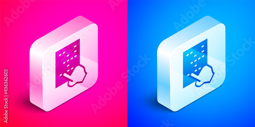 Isometric Braille icon isolated on pink and blue background. Finger drives on points. Writing signs system for blind or visually impaired people. Silver square button. Vector