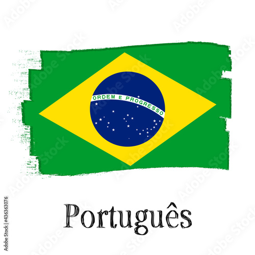 “Português do Brasil”- Portuguese in Brazil. Learn Brazilian language. Flag of Brazil, banner with grunge brush, vector illustration.