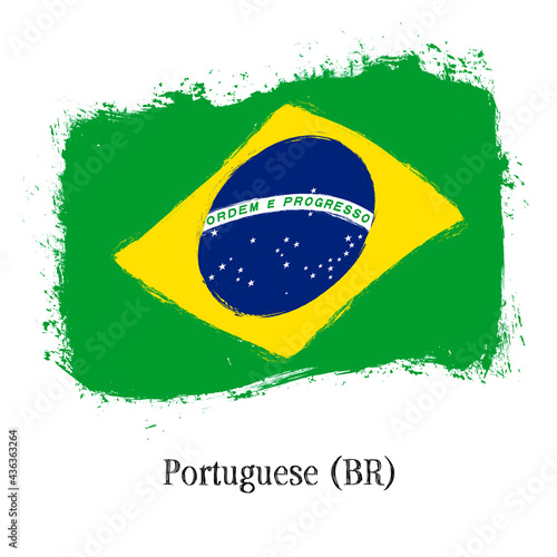 “Português do Brasil”- Portuguese in Brazil. Learn Brazilian language. Flag of Brazil, banner with grunge brush, vector illustration.