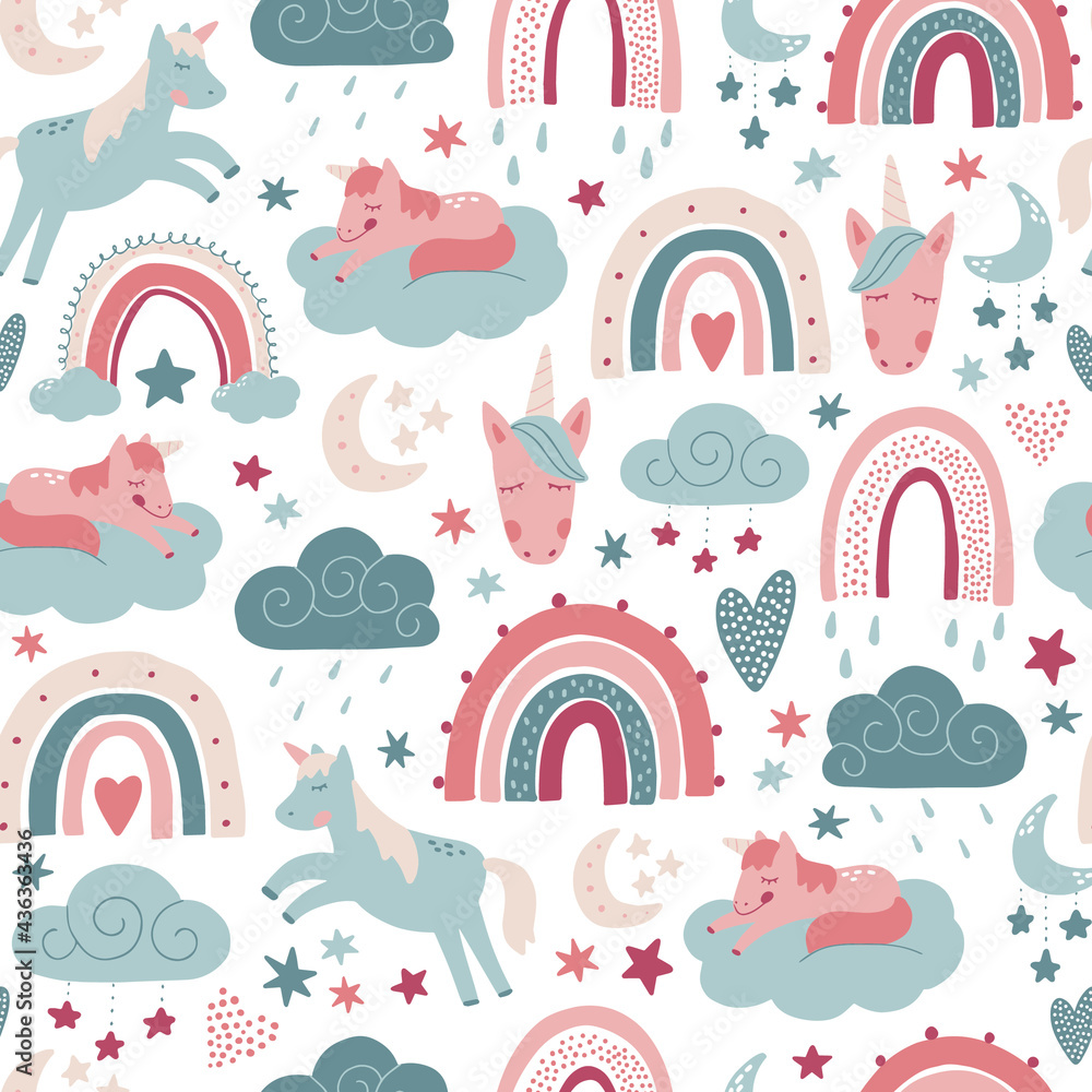 nursery seamless pattern with unicorns and rainbows decorated with stars, moon and clouds. Good for wrapping paper, textile prints, kids apparel, wallpaper, backgrounds, etc. nursery seamless pattern with unicorns and rainbows decorated with stars, moon and clouds. Good for wrapping paper, textile prints, kids apparel, wallpaper, backgrounds, etc.