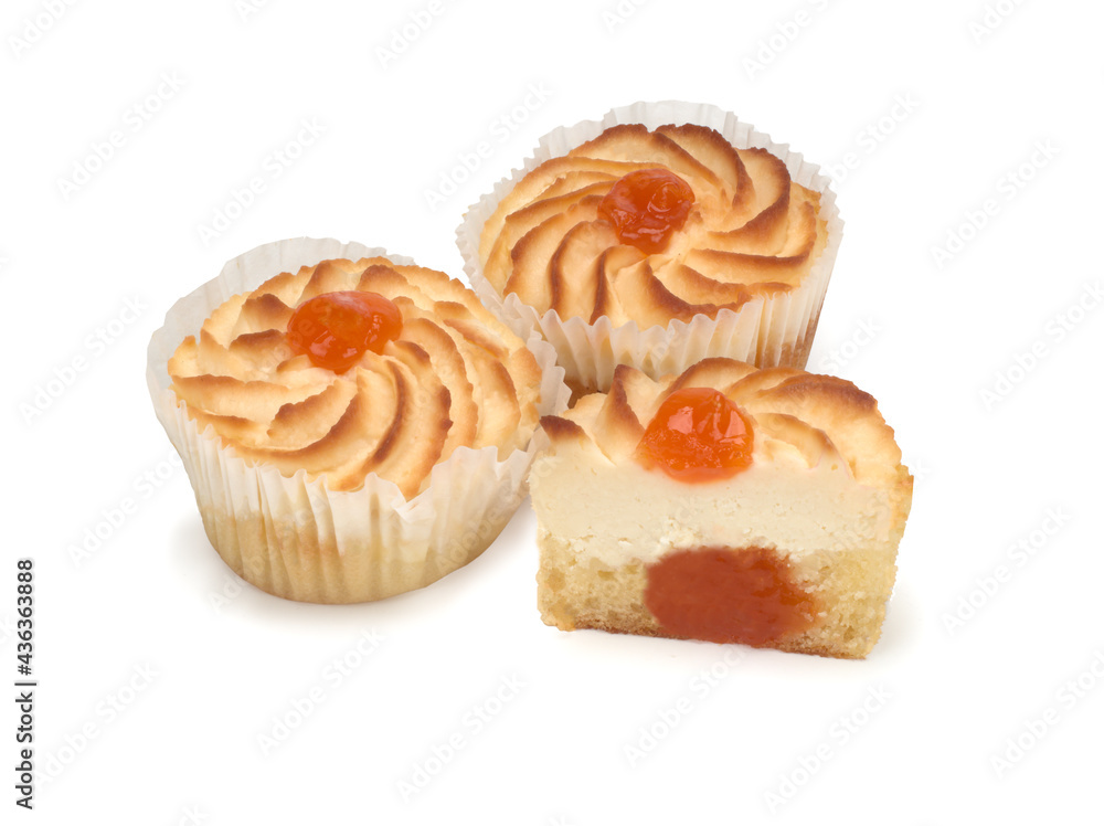 Apricot Filled Curd Cake on white background Apricot Filled Curd Cake on white background