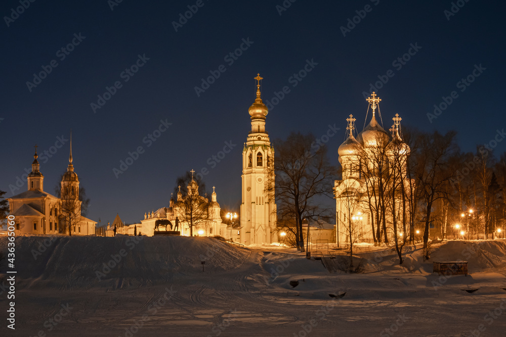 winter night view of the ancient architectural St. Sophia Cathedral in the city of Vologda