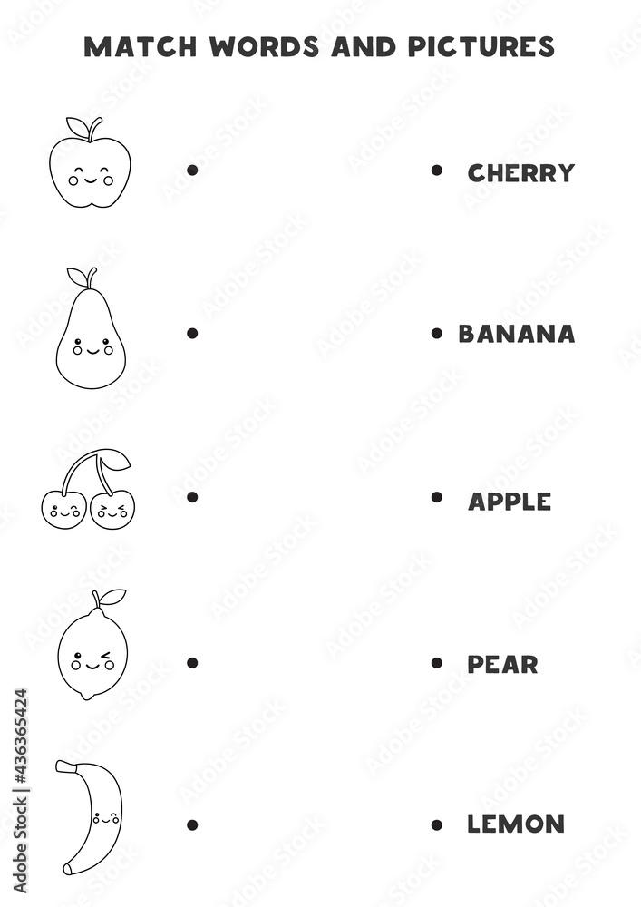 Matching cute kawaii fruits and words. Educational game for kids. Matching cute kawaii fruits and words. Educational game for kids.