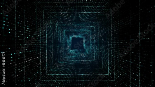 Flight inside tunnel. Abstract glowing futuristic squares.