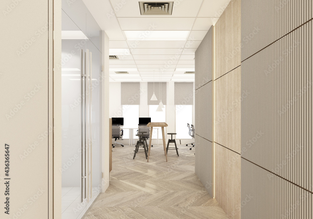 Main entrance in modern office with wooden floor and working area ...