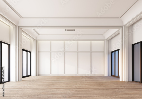 Modern classic White area space with wall panels decoration and wooden floor. 3d rendering