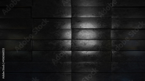 Dark concrete rectangle tiles background, 3d render illustration