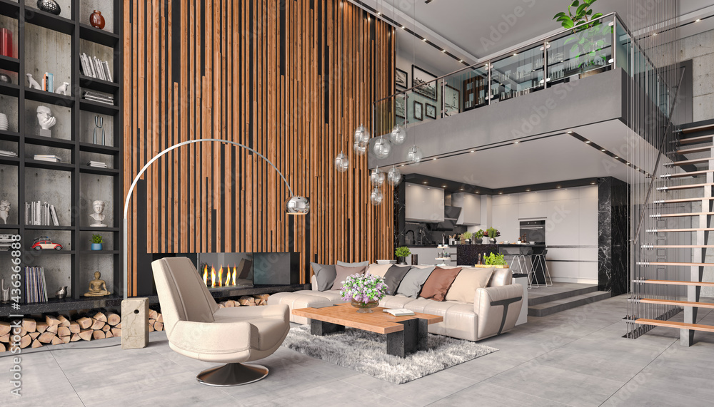 Fototapeta premium 3d Illustation eines modernen Lofts - helles Wohnzimmer mit großer Couch, Kamin, Küche und einer Galerie