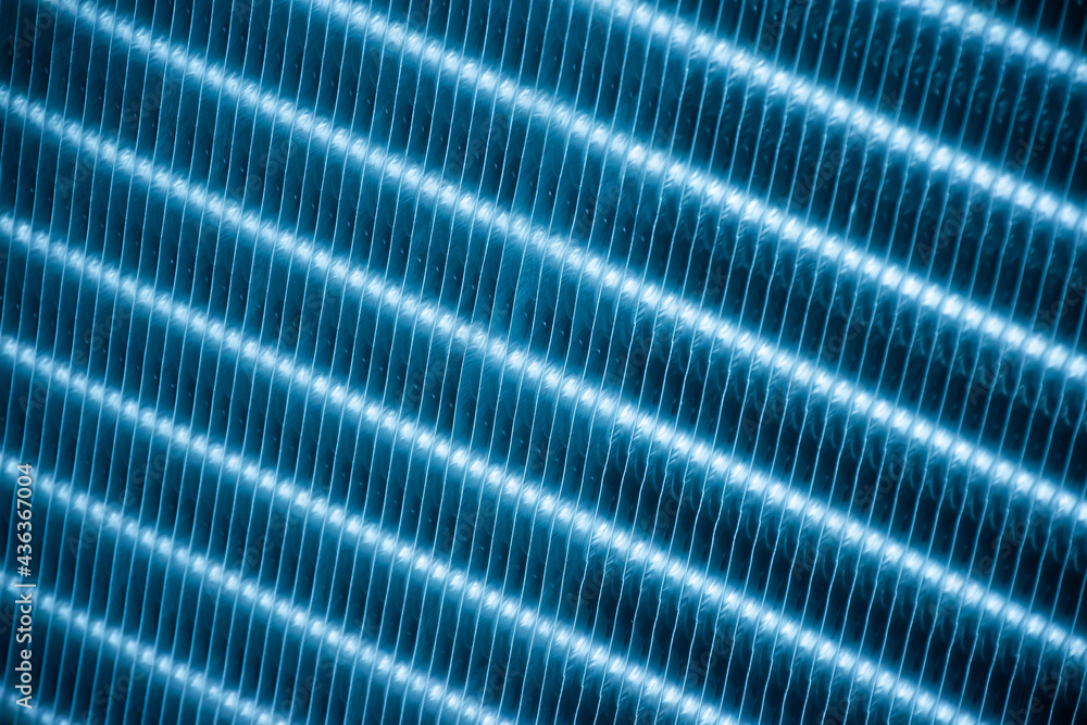 Close up aluminum fin of cooling condenser coil of air condition system. Pattern for abstract background. - obrazy, fototapety, plakaty 