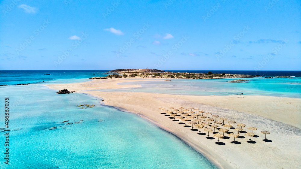 Elafonissi beach on Crete island, Greece, Europe. Popular paradise beach panorama with no people due to COVID-19 pandemic - obrazy, fototapety, plakaty 