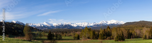 A beautiful panorama of the entire range of the Tatra Mountains. View in the morning. Poland