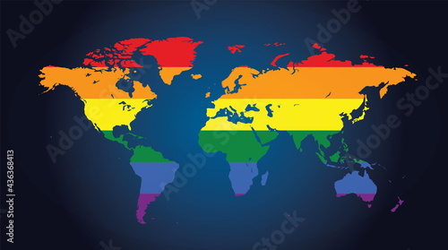 Vector image of a LGBTQ symbol. Rainbow world map, The most widely known worldwide is the pride symbol representing LGBT pride. 