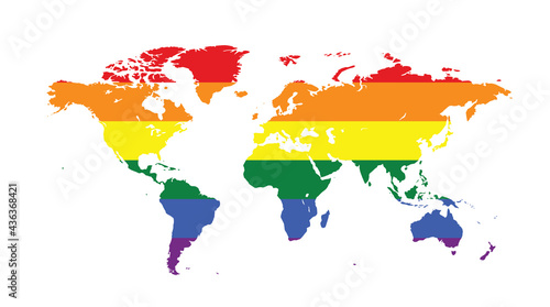 Vector image of a LGBTQ symbol. Rainbow world map, The most widely known worldwide is the pride symbol representing LGBT pride. 