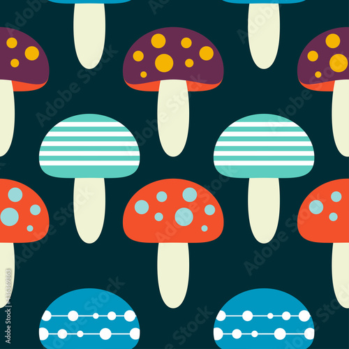 Mushroom fly agaric decorative modern seamless pattern. Vector