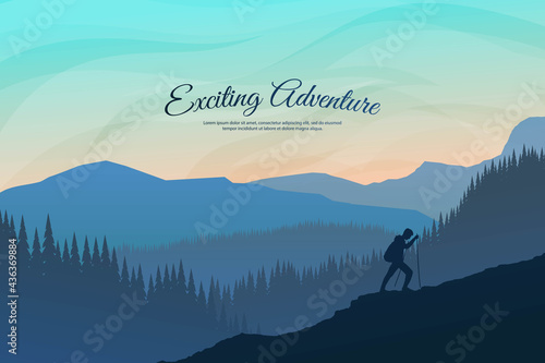 Traveler walks. Travel concept of discovering  exploring and observing nature. Hiking. Adventure tourism. The guy walking with backpack and travel walking sticks. Website template. Natural wallpaper