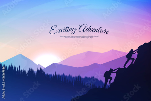 Vector background with tourists. Travel concept of discovering, exploring and observing nature. Hiking. Travelers climb on cliff with backpack. Website template. Flat landscape. Colorful sunset scene