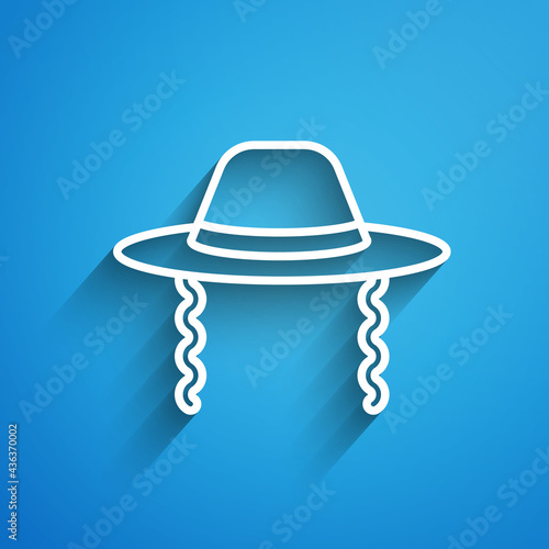 White line Orthodox jewish hat with sidelocks icon isolated on blue background. Jewish men in the traditional clothing. Judaism symbols. Long shadow. Vector