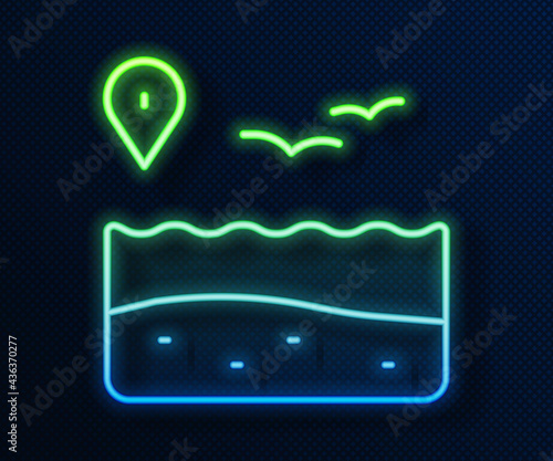Glowing neon line Location with beach icon isolated on blue background. Tropical beach landscape. Good sunny day. Vector