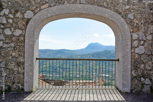 View of the landscape from a terrace on the square of Montefredane, a medieval village in the province of Avellino, Italy.