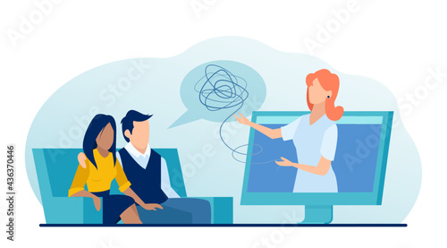 Vector of a woman psychologist consulting couple online.