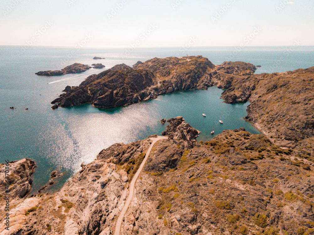 Amazing aerial view of Cala Culip and Massa d'Or island in Cap de Creus, Catalunya, Spain