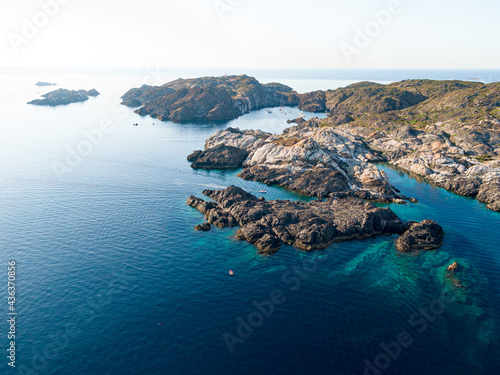 Aerial view of Encalladora and Massa d'Or island in Cap de Creus, Cadaqués, Spain