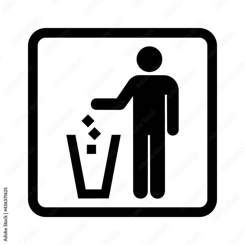Litter disposal sign. Vector illustration of man throwing rubbish in