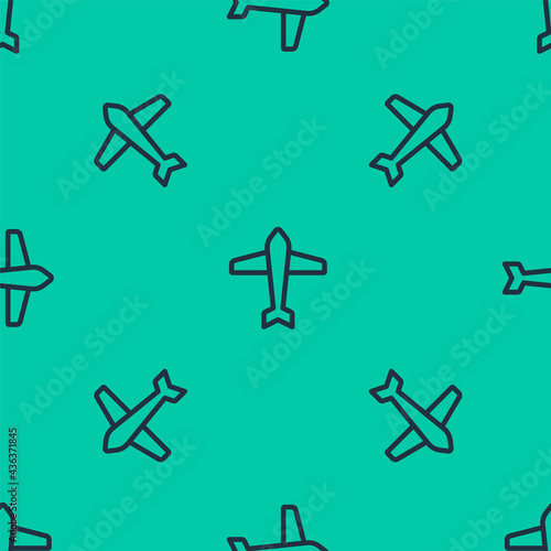 Blue line Jet fighter icon isolated seamless pattern on green background. Military aircraft. Vector